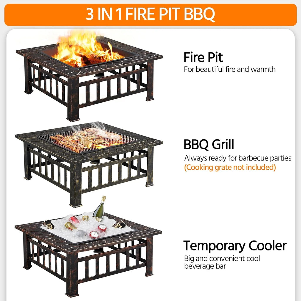 Yaheetech Multifunctional Fire Pit Table 32in Square Metal Firepit Stove Backyard Patio Garden Fireplace for Camping, Outdoor Heating, Bonfire and Picnic