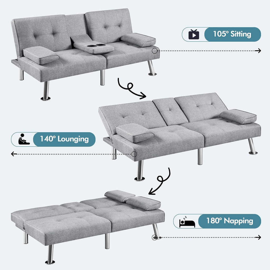 Yaheetech Convertible Sofa Bed Adjustable Couch Sleeper Modern Faux Leather Home Recliner Reversible Loveseat Folding Daybed Guest Bed, Removable Armrests, Cup Holders, 3 Angles, 772lb Capacity, Brown