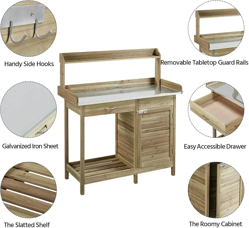 Yaheetech Outdoor Garden Potting Bench Table Work Bench Metal Tabletop Cabinet Drawer