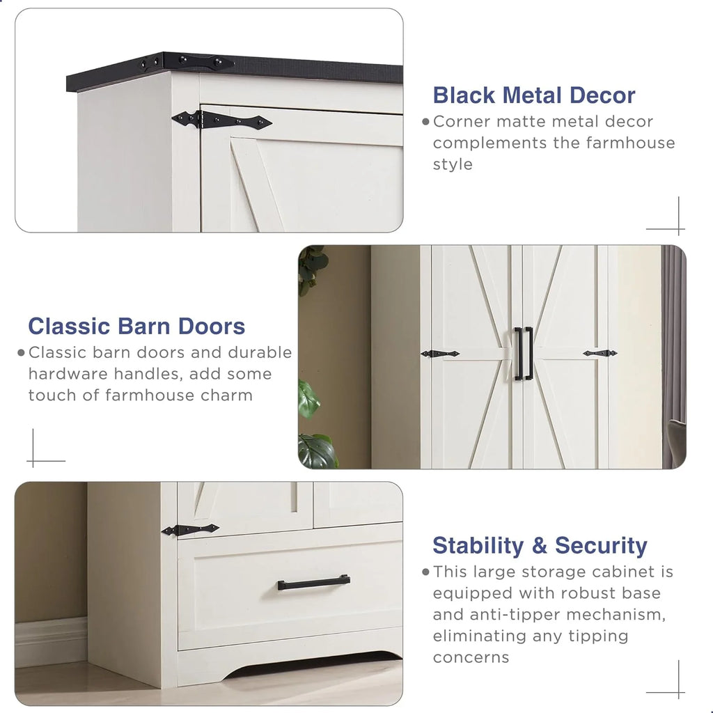 JXQTLINGMU Farmhouse Kitchen Pantry - 72 Tall Wood Kitchen Storage Cabinet with Adjustable Shelves and 2 Barn-Style Doors and Drawers