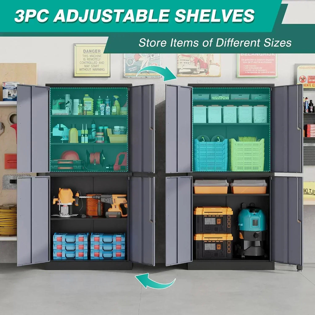 Metal Storage Cabinet with 2 Doors and 6 Shelves Black Metal Cabinet Garage Storage Cabinet