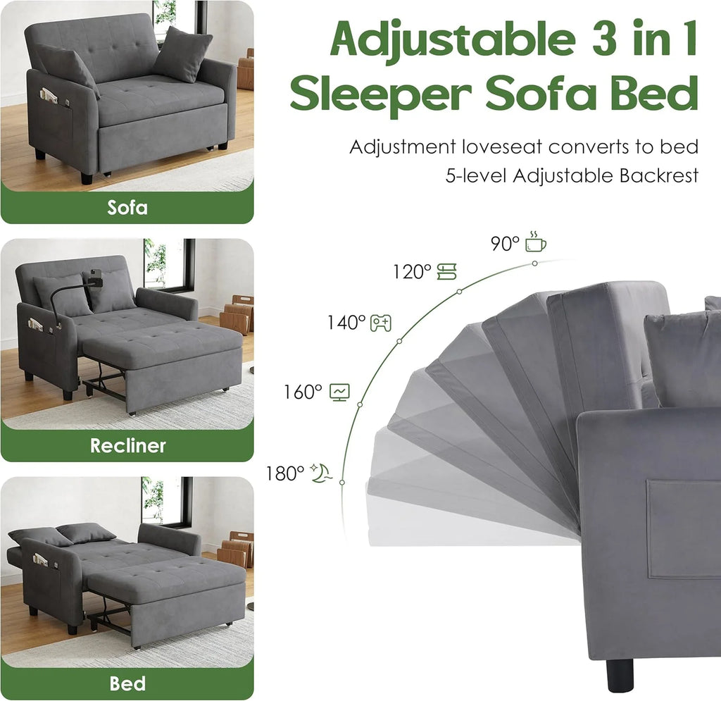 Sleeper Sofa Bed, 3 in 1 Convertible Sleeper Couch Bed Pull Out, Small Loveseat Sofa, Futon Sofa Bed Full Size, 46 Velvet Love Seat