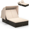 RELAX4LIFE Outdoor Daybed Retractable Canopy Wicker Double Chaise Lounge 6-Position Backrest