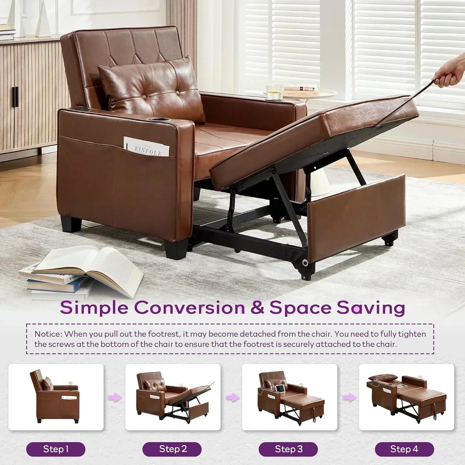 Adult Convertible Sleeper Chair Bed 3-in-1 Pull-Out Sofa Bed with USB/Type-C Ports Cup Holders