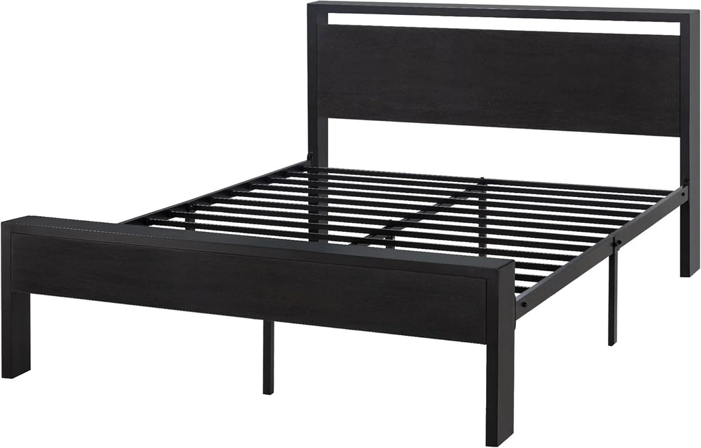 SHA CERLIN 14 Inch Full Size Metal Platform Bed Frame with Wooden Headboard and Footboard