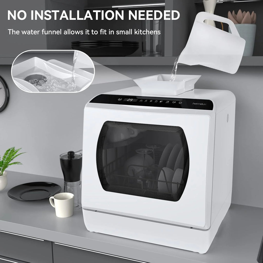 Hermitlux Countertop Dishwasher, 7 Washing Programs Portable Mini Dishwasher with 5-Liter Built-in Water Tank for Apartments & RVs, LED Light, Glass Door, No Hookup Needed