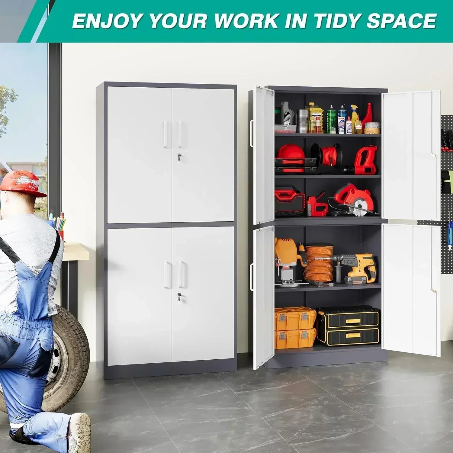 Metal Storage Cabinet with 2 Doors and 6 Shelves Black Metal Cabinet Garage Storage Cabinet
