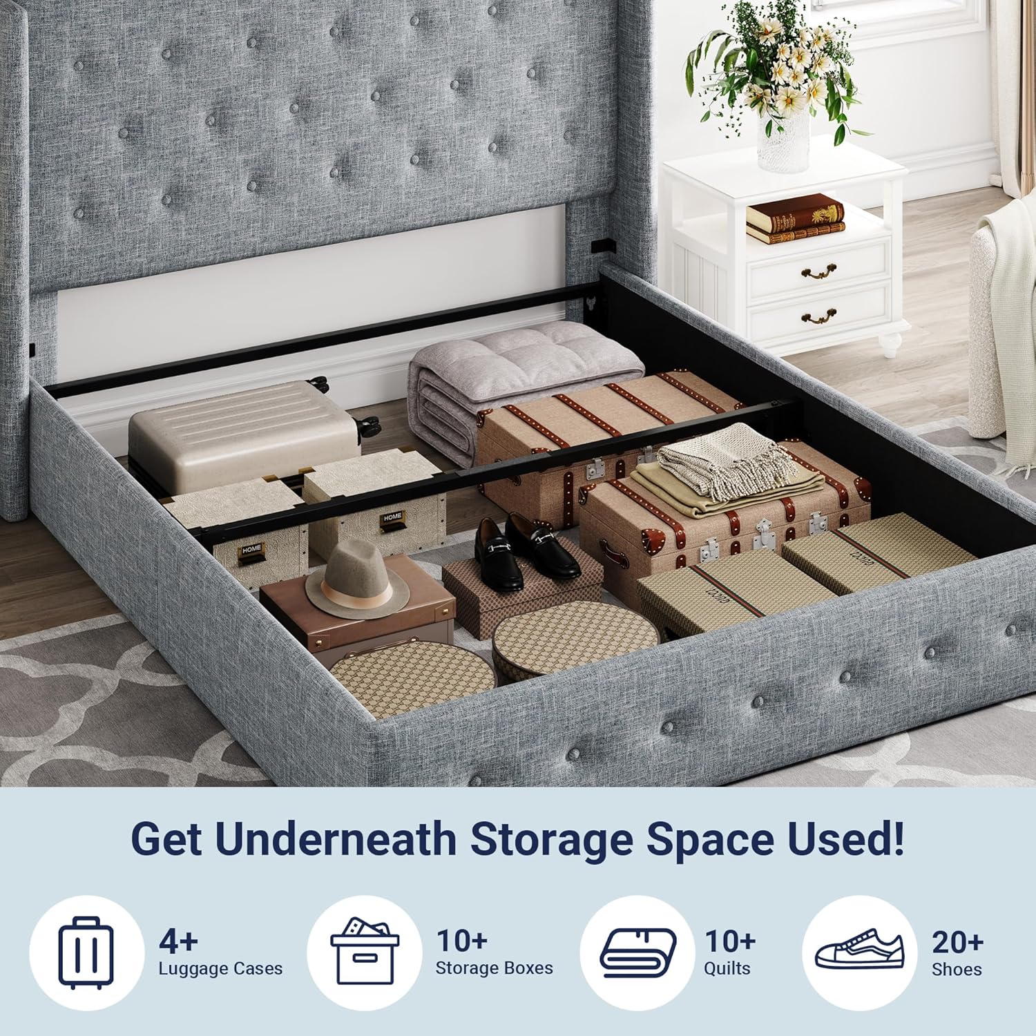 Allewie Queen Size Lift Up Storage Bed Modern Wingback Headboard Hydraulic Support