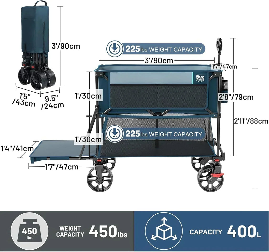 400L Large Capacity Folding Double Decker Cart with Brakes 54 Inch Extra Long Extended Cart