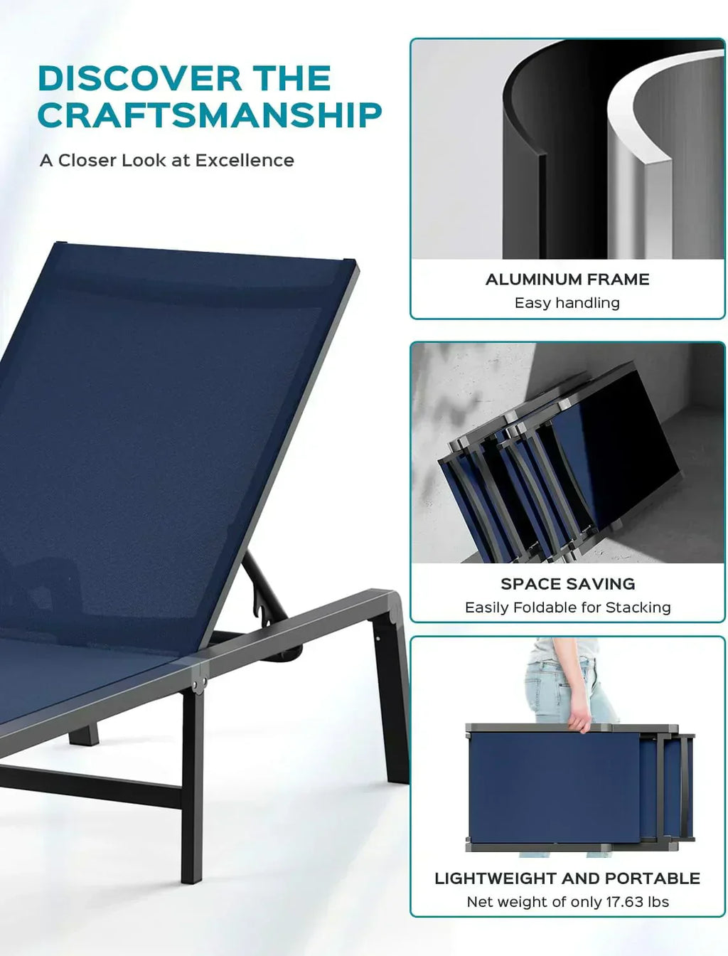 Aluminum Chaise Lounge Outdoor Foldable Assemble Free Outdoor Lounge Chair 5 Adjustable Backrest