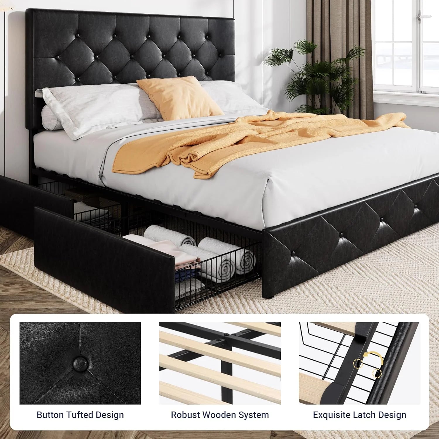 Allewie Upholstered Queen Size Platform Bed Frame with 4 Storage Drawers and Headboard