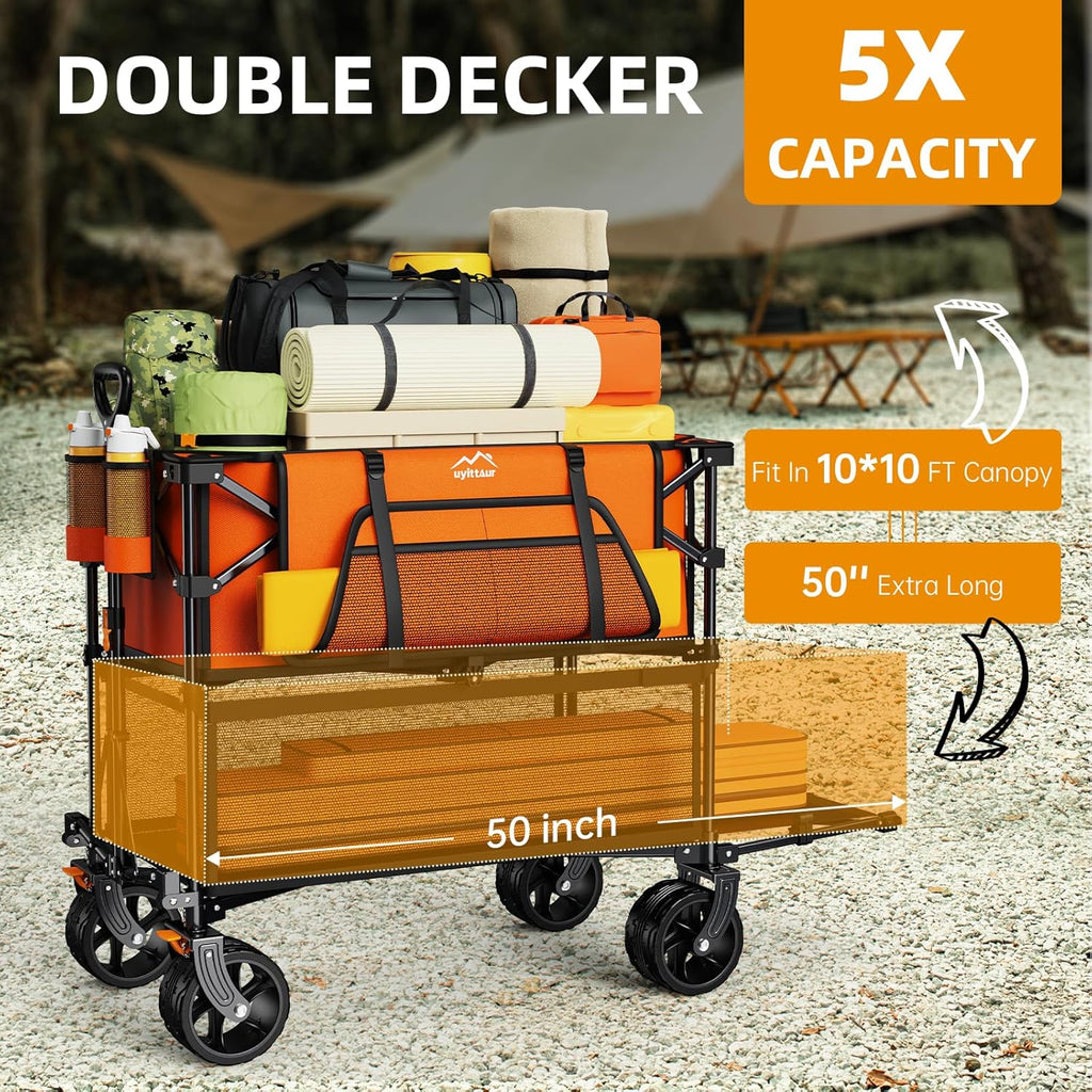 Foldable 50''L Extra Long Double Decker Wagon for Sport 400L Collapsible Heavy Duty Wagon Cart
