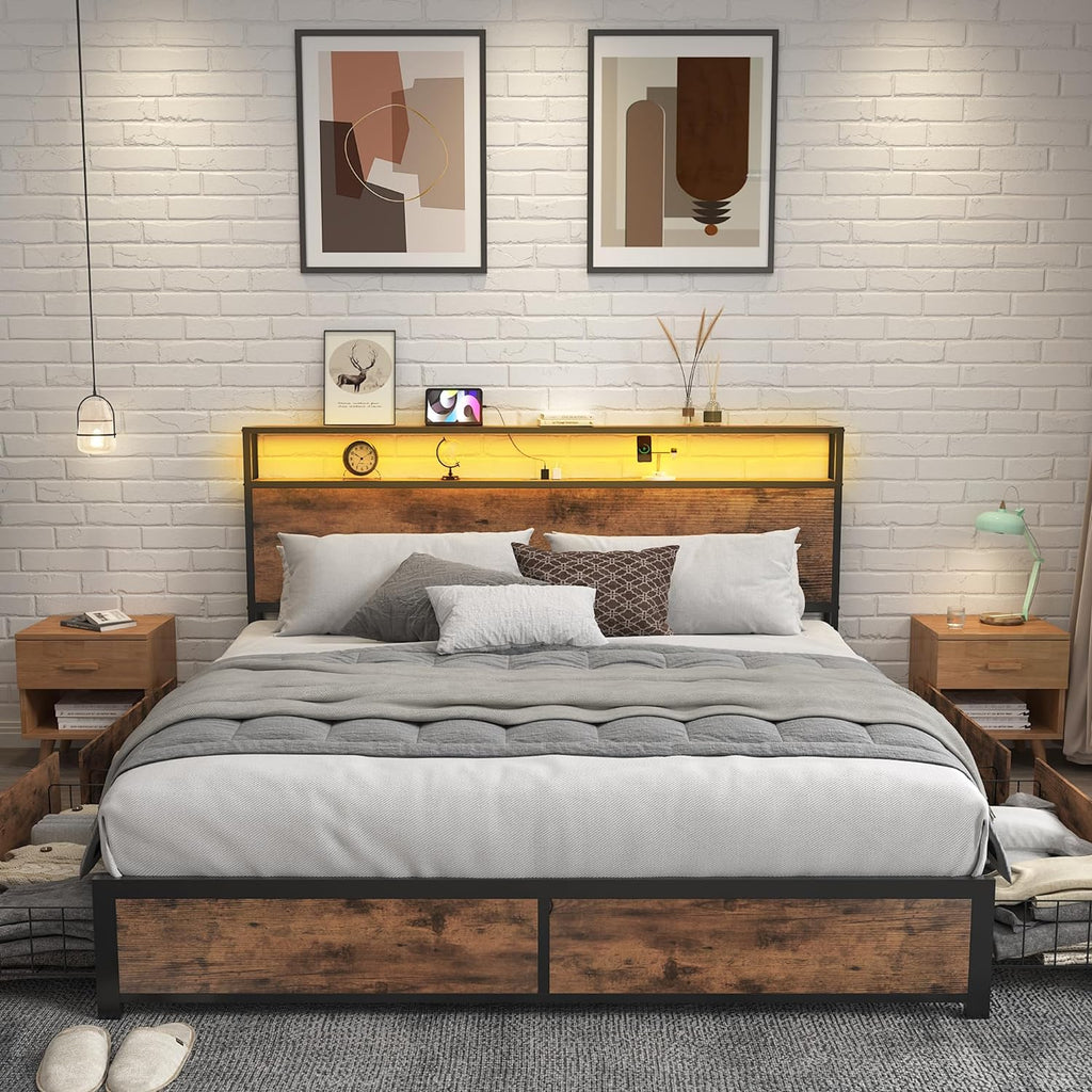Lifezone Queen Bed Frame with 2-Tier Storage Headboard, Metal Platform Bed Frame with 4 Storage Drawers, Built in Charging Station & LED, Noise-Free/Metal Support/No Box Spring Needed