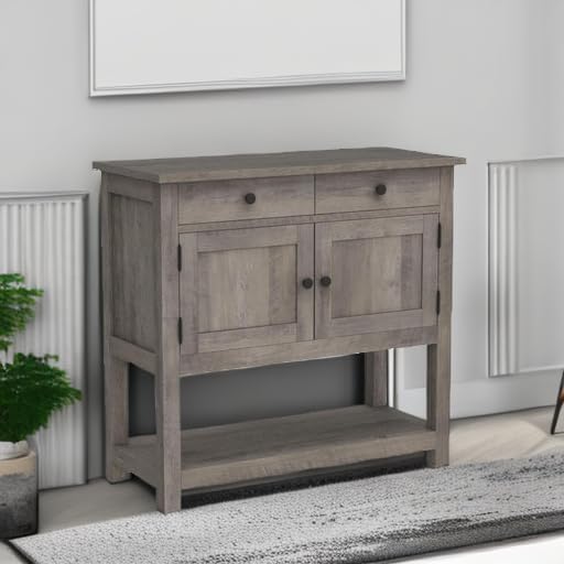 HOSTACK Farmhouse Console Table with 2-Door Cabinet & 2 Drawers, Coffee Bar, Entryway Table with Storage Shelf, Sofa Tables Buffet Sideboard for Kitchen, Hallway, Dining, Living Room, Rustic Brown