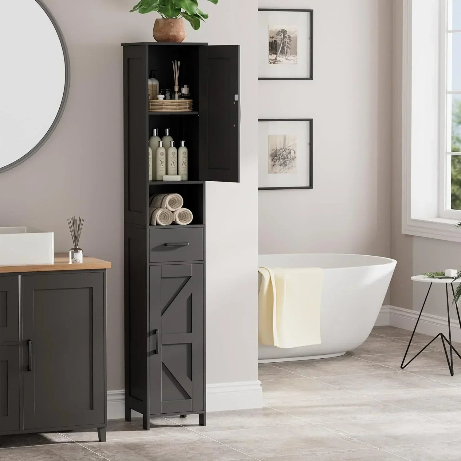 Homhedy 67 H Tall Bathroom Storage Cabinet with 2 Barn Doors and 1 Drawer Narrow Storage Unit
