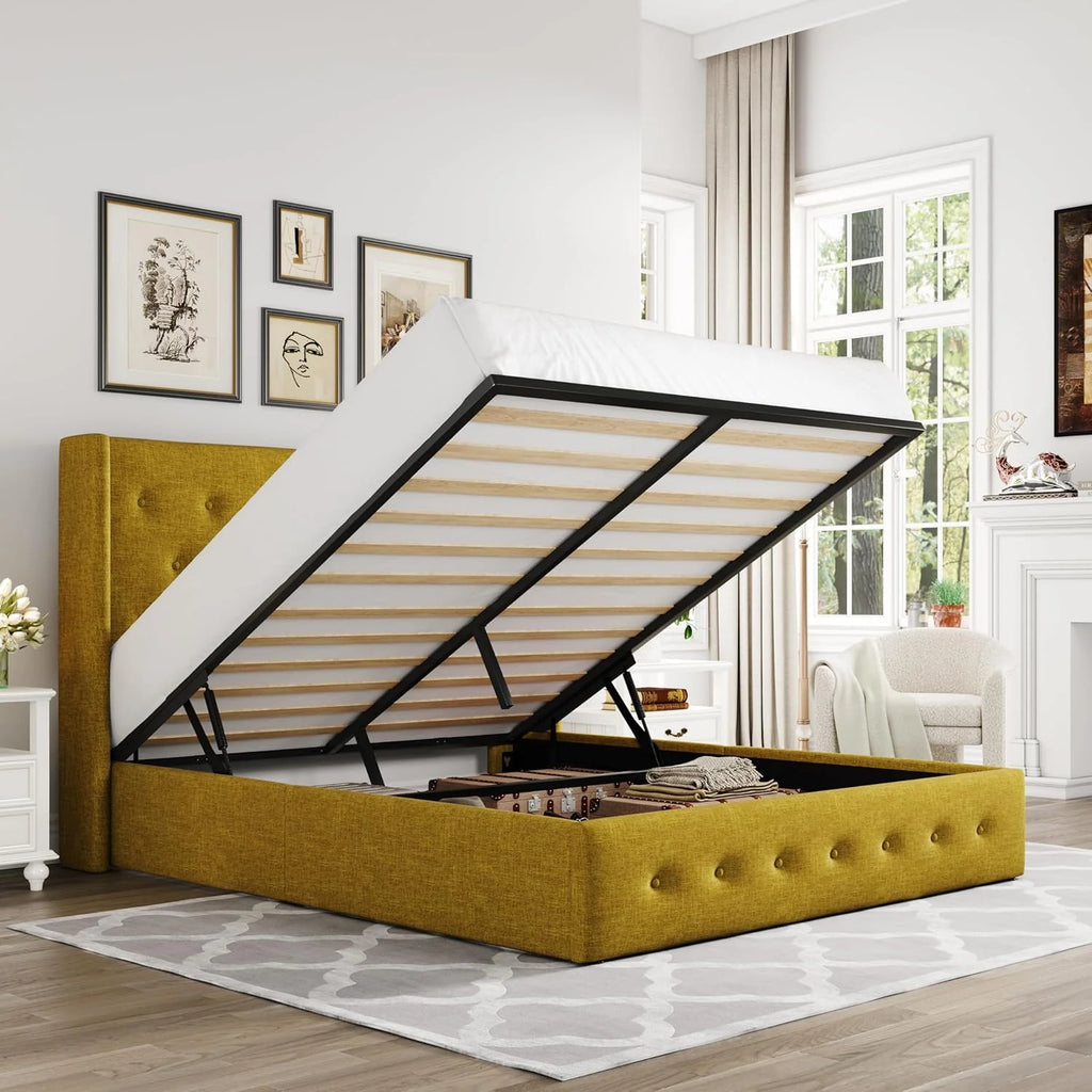 Allewie Queen Size Lift Up Storage Bed Modern Wingback Headboard Hydraulic Support