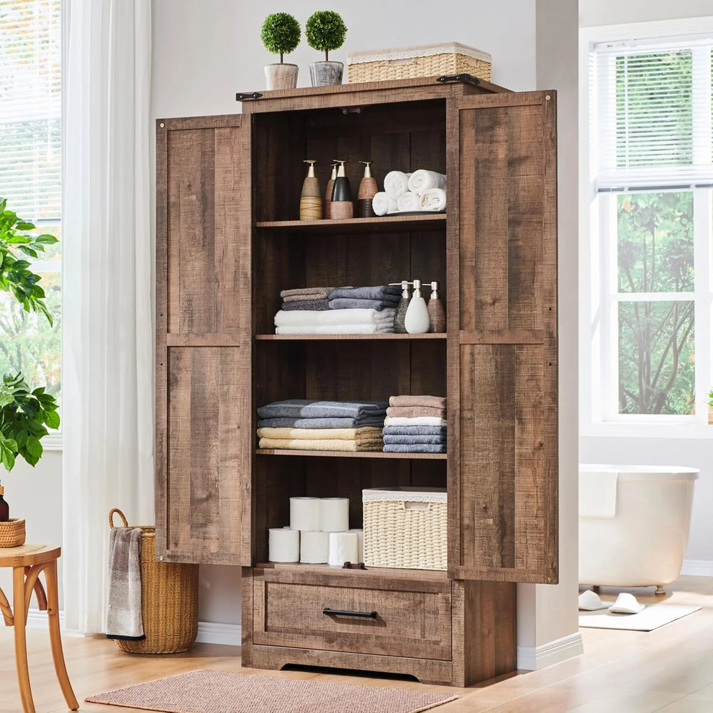 JXQTLINGMU Farmhouse Kitchen Pantry - 72 Tall Wood Kitchen Storage Cabinet with Adjustable Shelves and 2 Barn-Style Doors and Drawers