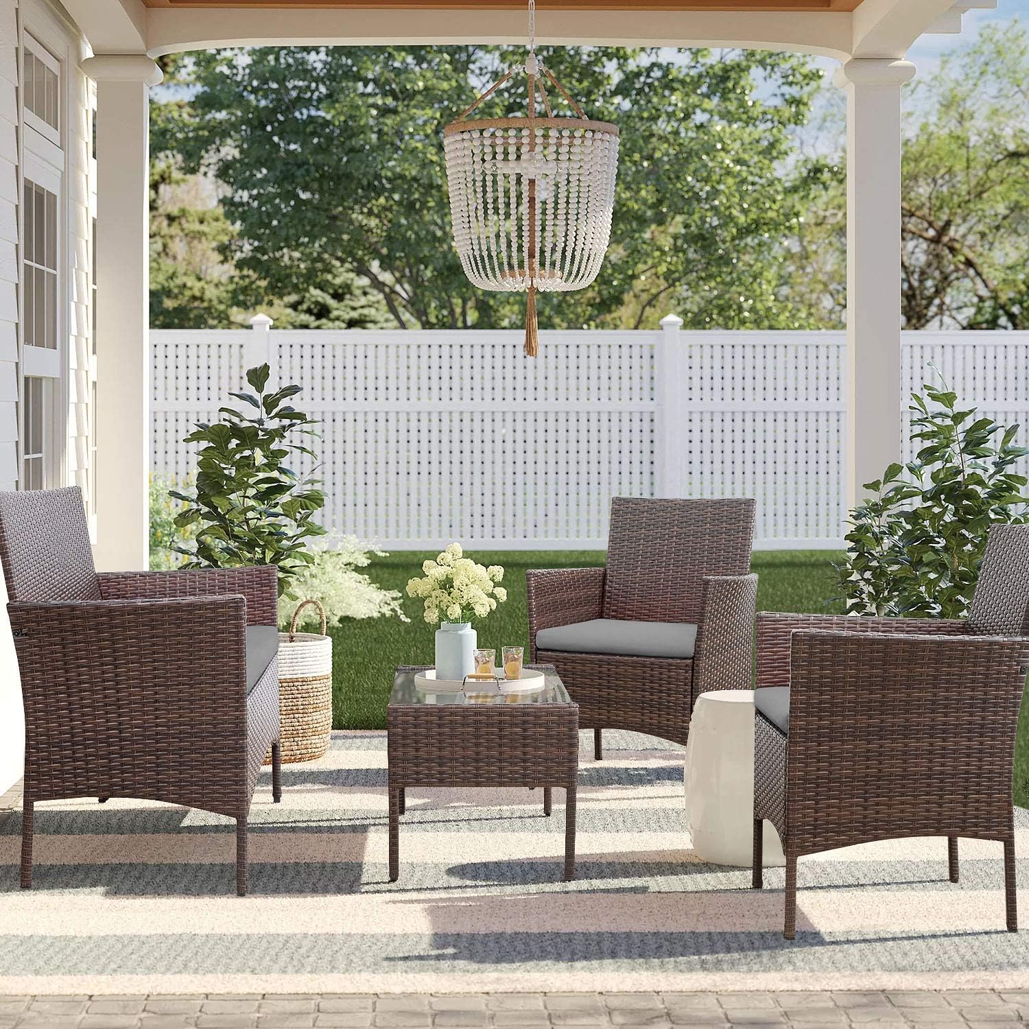Homall 4 Pieces Outdoor Patio Furniture Sets Rattan Chair Wicker Set, Outdoor Indoor Use Backyard Porch Garden Poolside Balcony Furniture Sets Clearance (Brown and Beige)