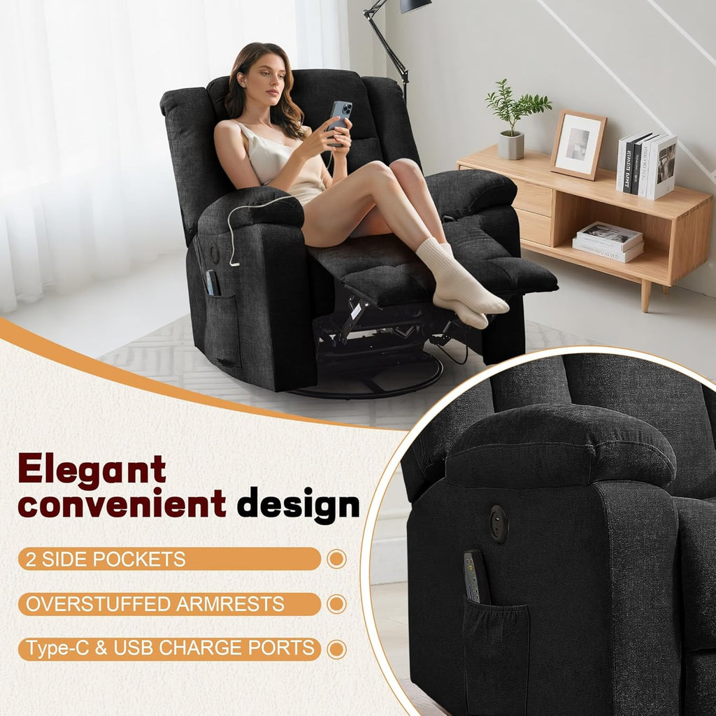 Rocker Recliner, Glider Recliner Chairs for Adults, 360�� Swivel Rocking Chair with Massage and Heating, Nursery Chair