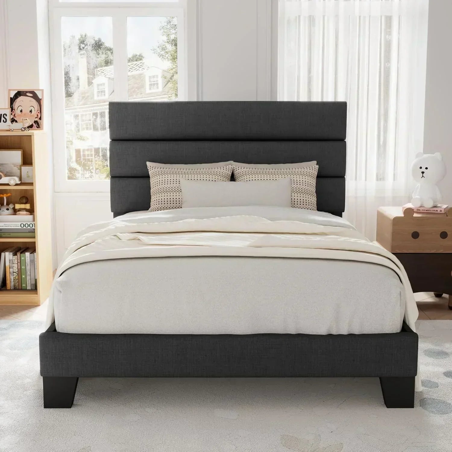 Allewie King size platform bed frame with velvet upholstered headboard and planks