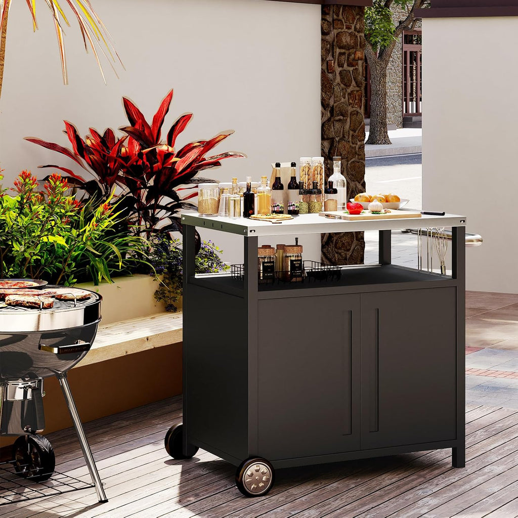 Stainless Steel Outdoor Grill Cart Pizza Oven Stand Trolley Table with Wheels Three-Shelf