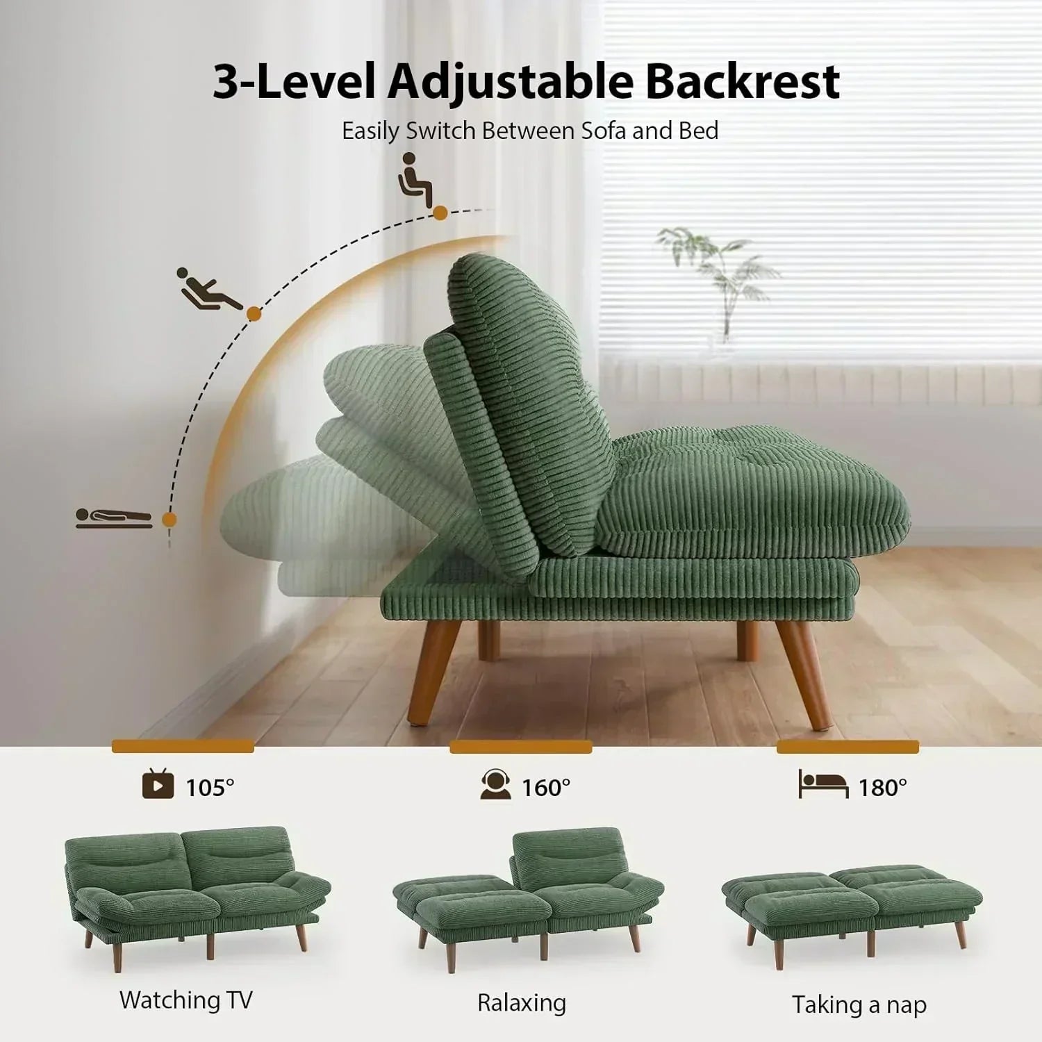 Convertible Futon Sofa Bed 66 Inch Corduroy Futon Sofa Recliner Sofa Bed for Small Spaces