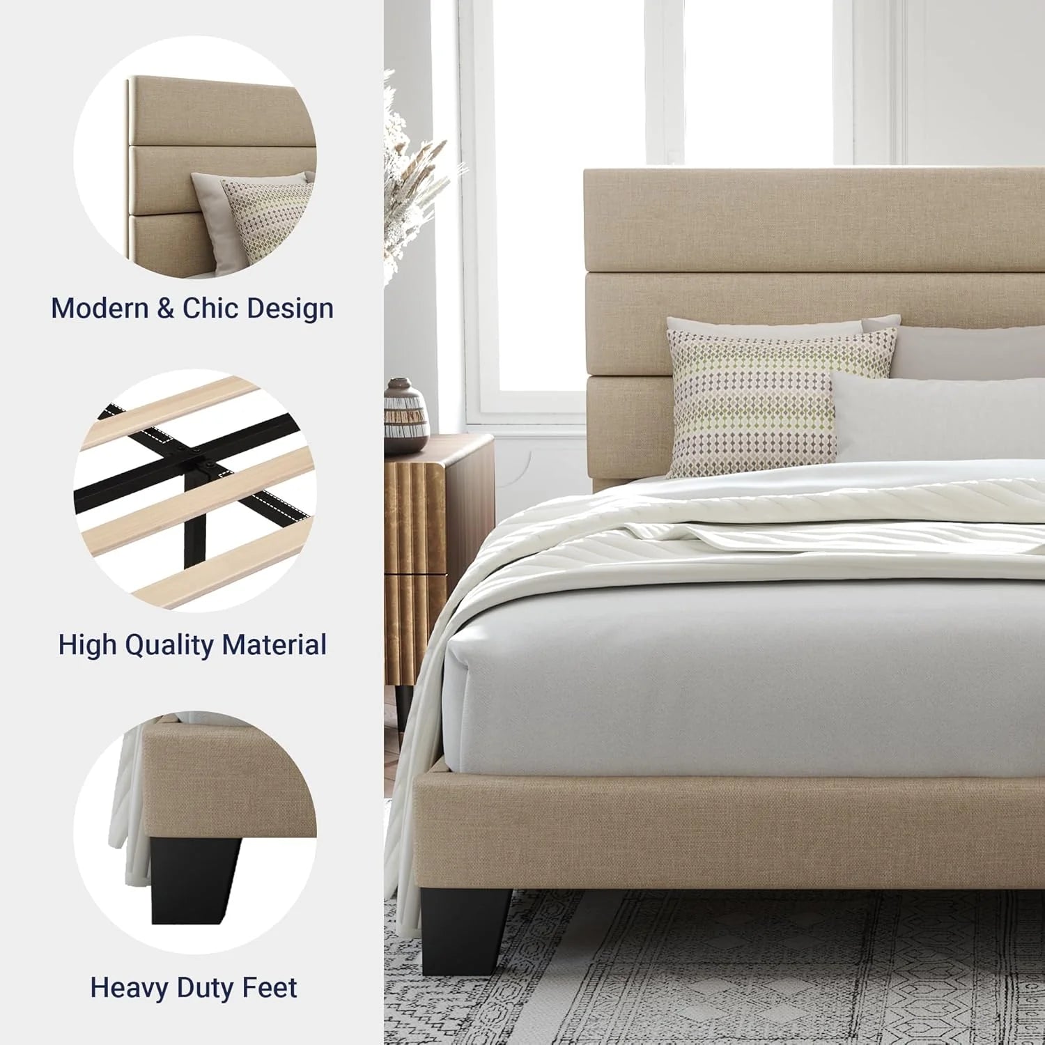 Allewie Queen Size Platform Bed Frame Fabric Upholstered Headboard Wooden Slats Support