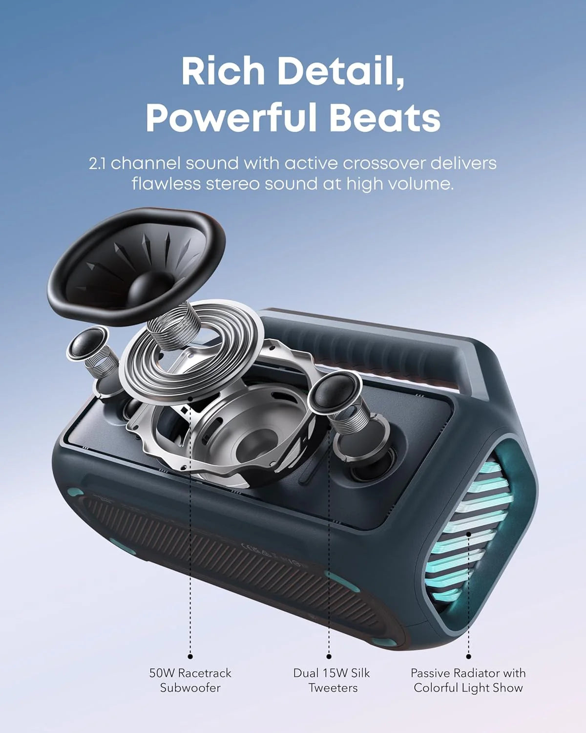 Outdoor Speaker, 80W, Subwoofer, BassUp 2.0, 24H Playtime, IPX7 Waterproof, Floatable, RGB Lights, USB-C, Custom EQ, Bluetooth 5.3, Portable for Camping, Beach, and Backyard