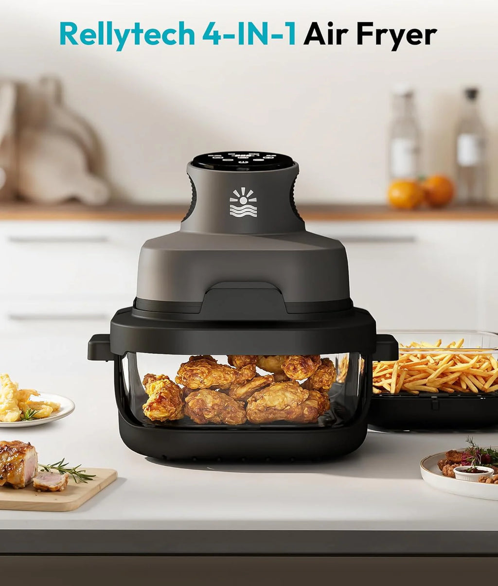 Rellytech Portable Glass Air Fryer - 1500W, 4.2 QT & 6-Cup Dual Glass Containers