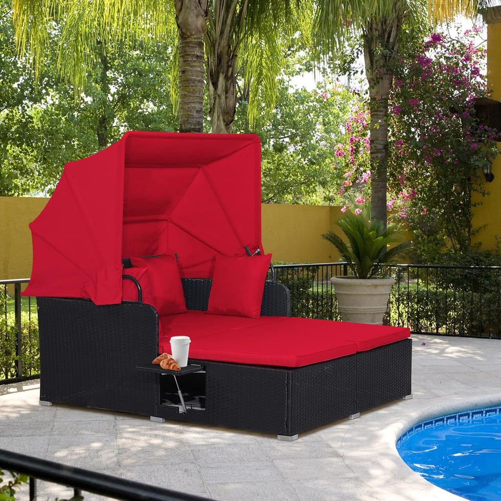 RELAX4LIFE Patio Outdoor Daybed with Canopy Wicker Sunbed Cushions 4 Pillows