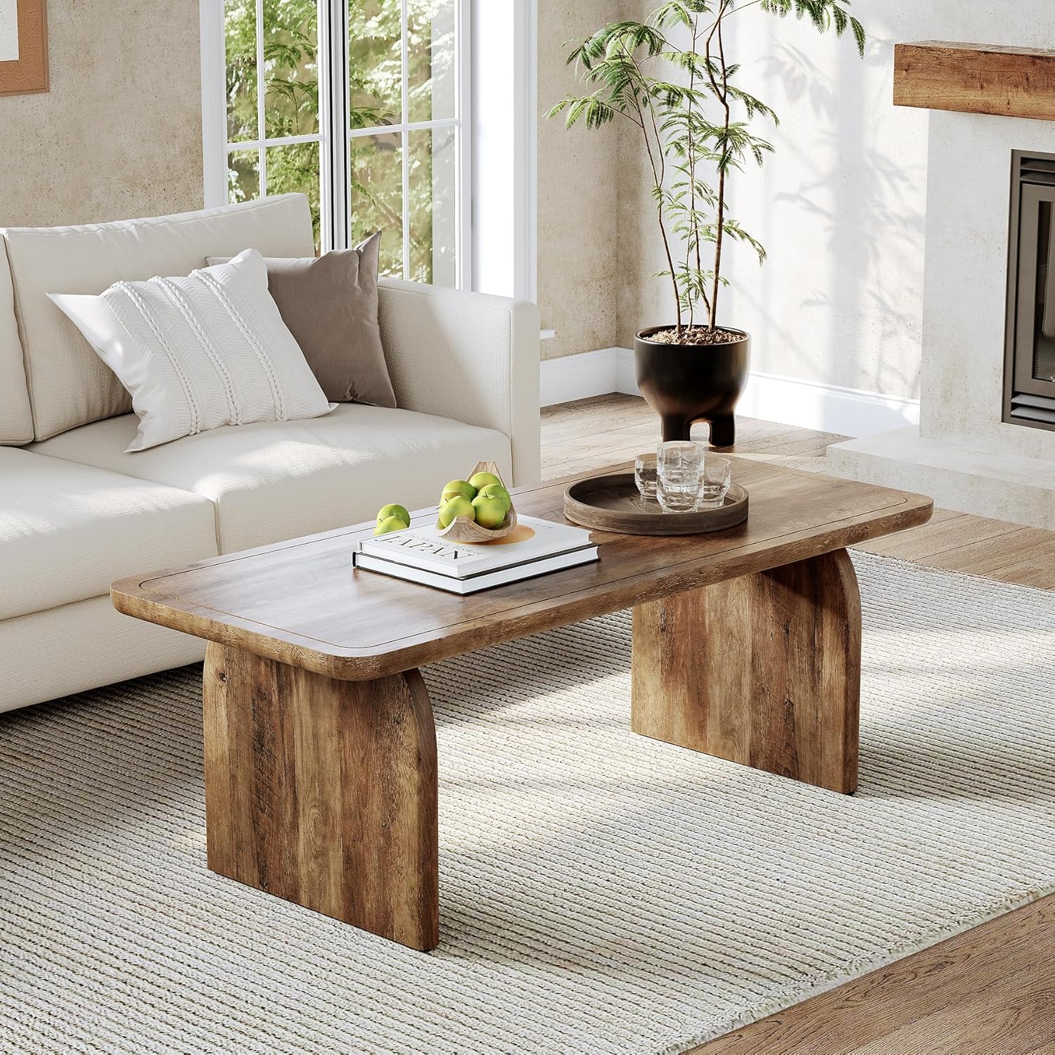 LITTLE TREE Farmhouse Coffee Table, 47 Inch Round Corner Wood Center Table, Rectangular Living Room Table, Modern Low Cocktail Tea Set
