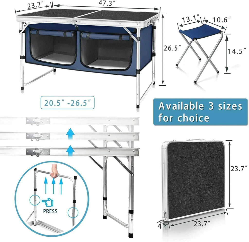 Outdoor Folding Table Aluminum Lightweight Height Adjustable with Storage Organizer
