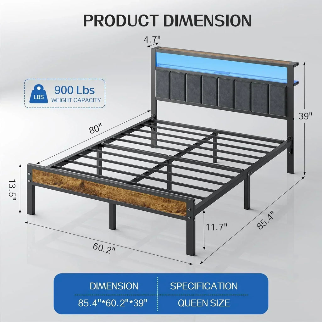 Queen Size Bed Frame with 2-Tier Storage Shelves Headboard Platform Bed with Charging Station