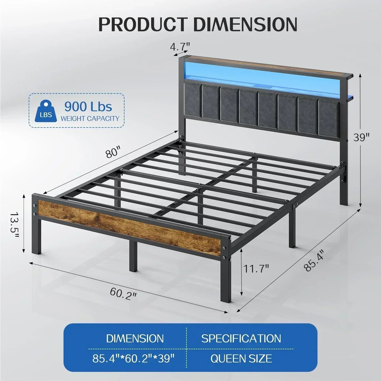 Queen Size Bed Frame with 2-Tier Storage Shelves Headboard Platform Bed with Charging Station
