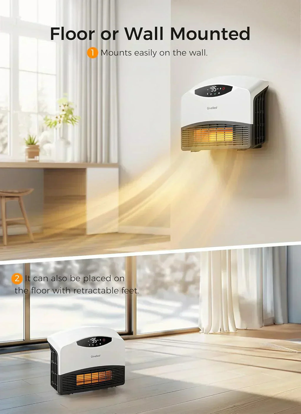 Wall mounted electric heater with WiFi and remote control floor standing heater 1500W