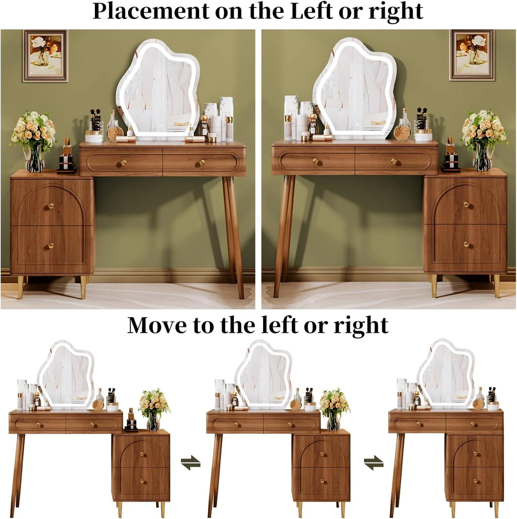 Walnut Stylish Corner Makeup Vanity Table，Vanity Desk with Lighted Mirror