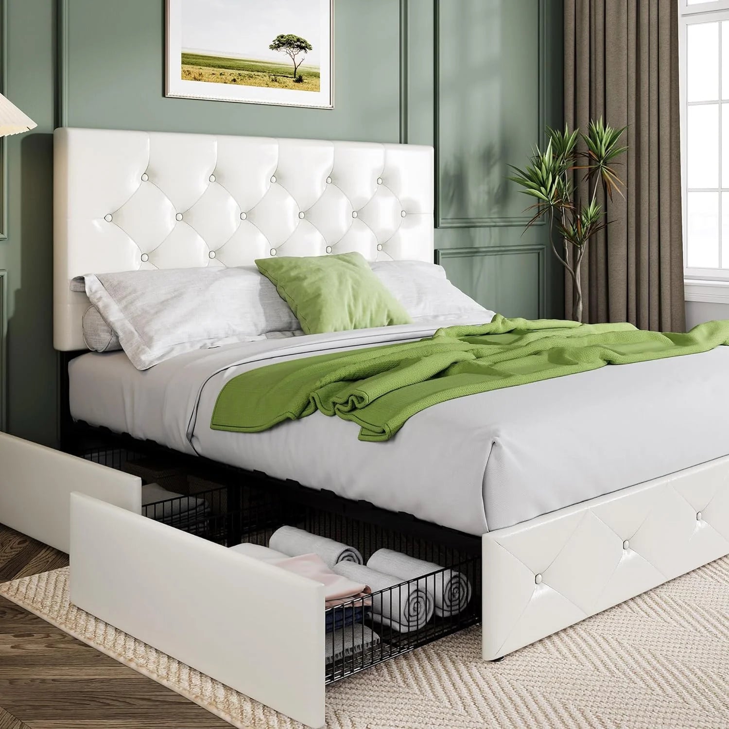 Allewie Upholstered Queen Size Platform Bed Frame with 4 Storage Drawers and Headboard
