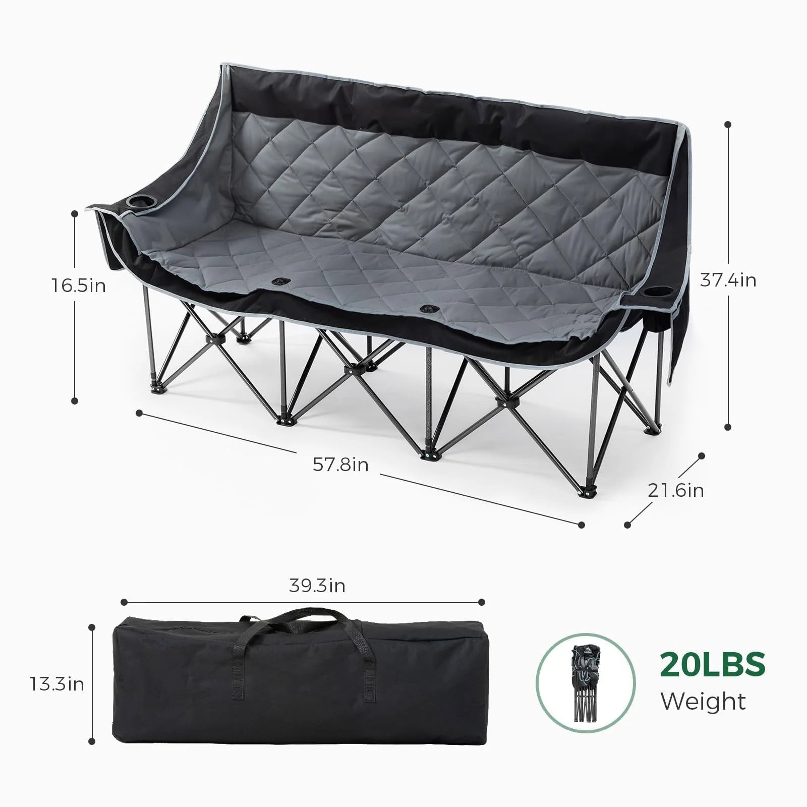 Oversized 3 Person Camping Chair Folding Padded Loveseat with Cup Holders and Carry Bag