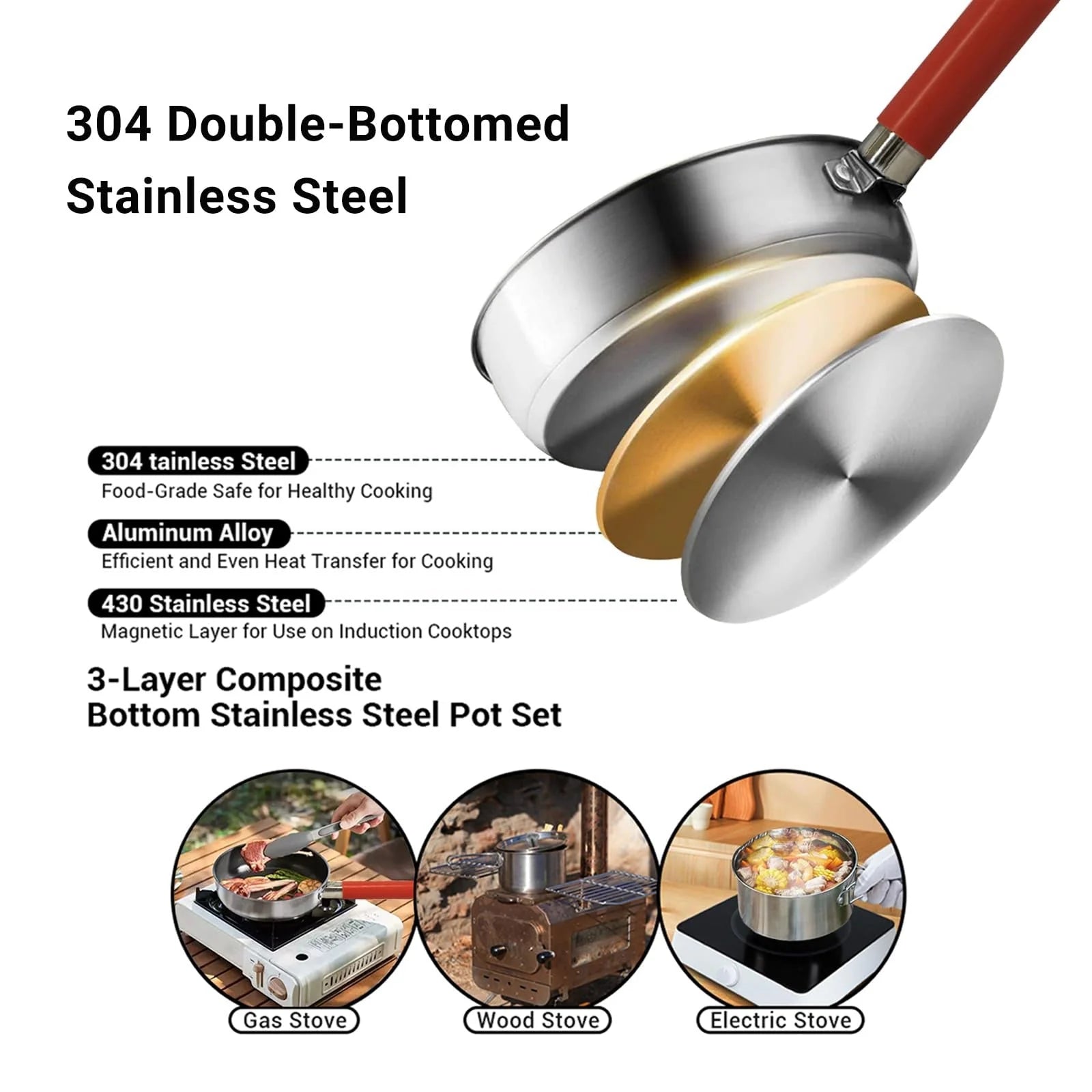 5 Piece Stainless Steel Camping Cookware Set with Colander and Travel Bag for 4 to 6 People