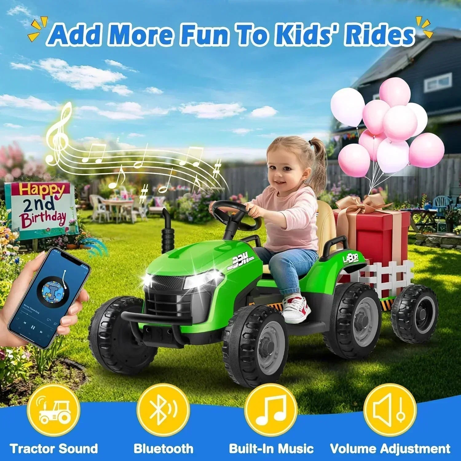 24V Ride On Tractor Tiltable Detachable Trailer 2x65W Motors EVA Tires Remote Control