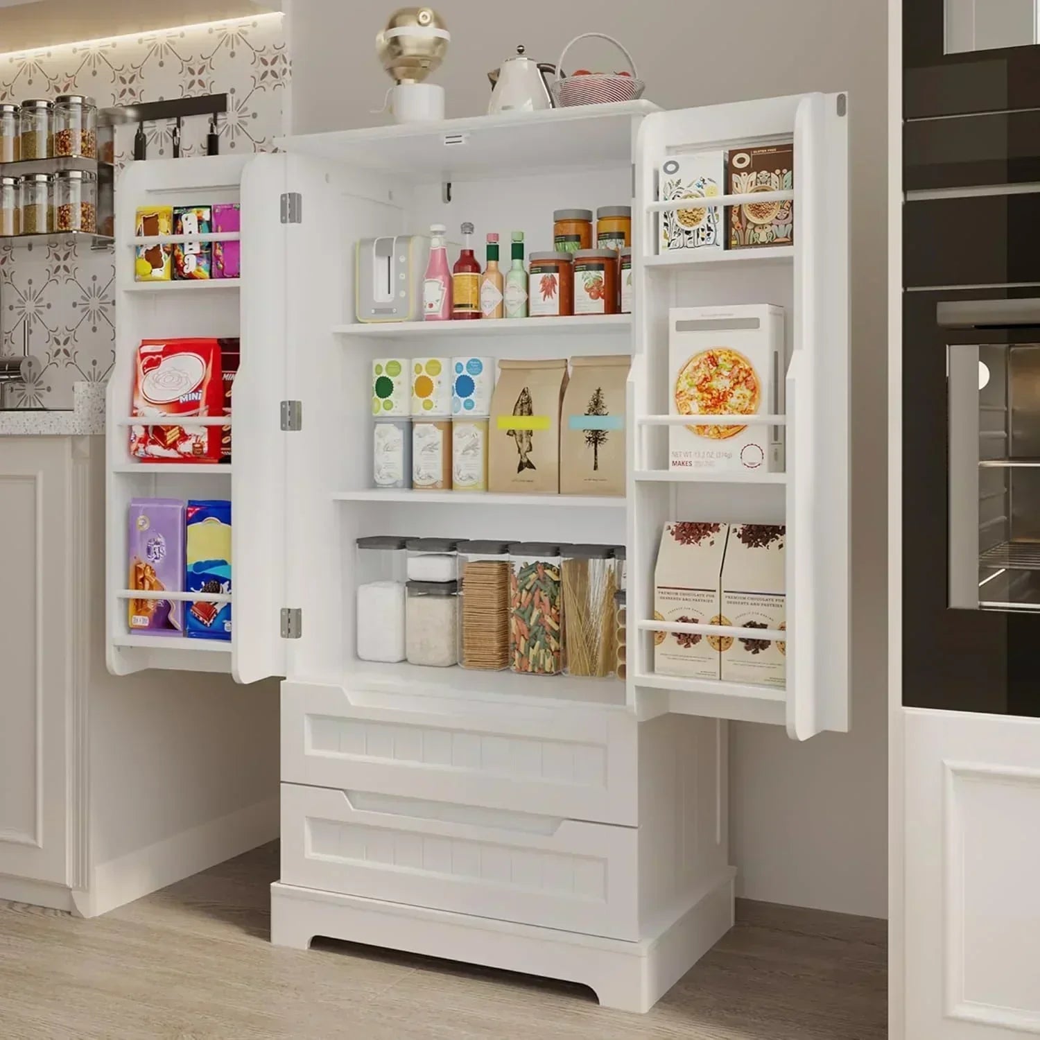 Gizoon Kitchen Pantry Cabinet with Drawers Freestanding Bathroom Storage Cabinet with Doors