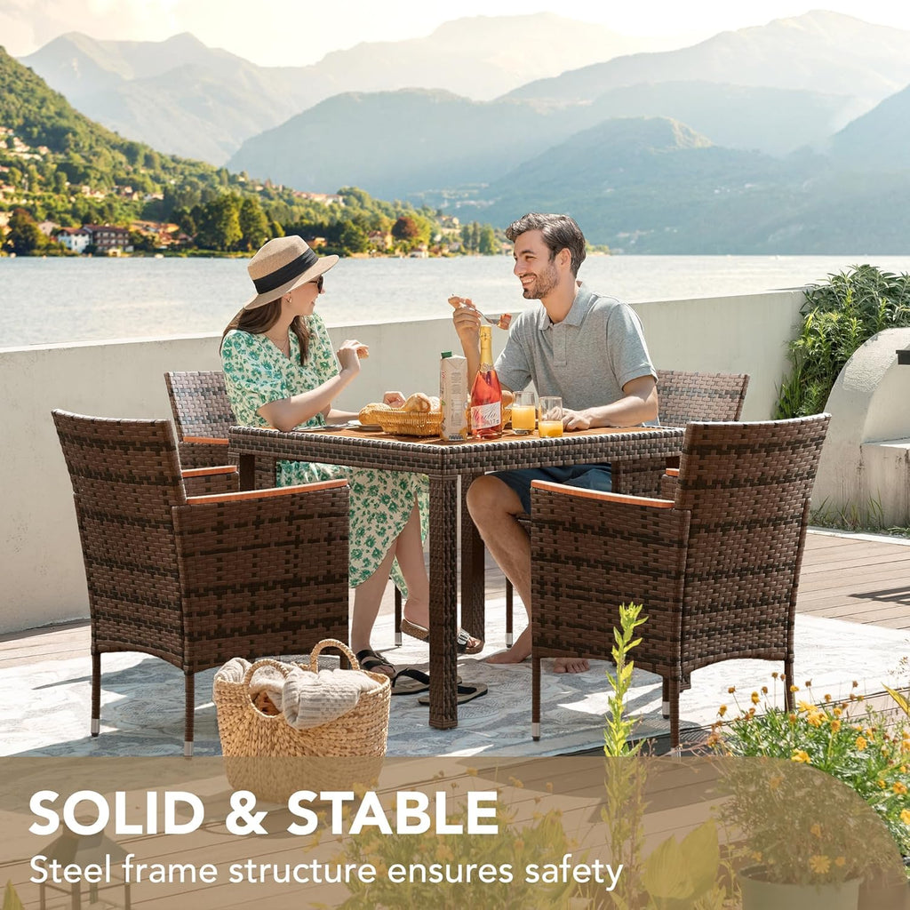 Devoko Dining 7 PCS Furniture Patio Conversation Set with Acacia Wood Table Top Rattan Outdoor