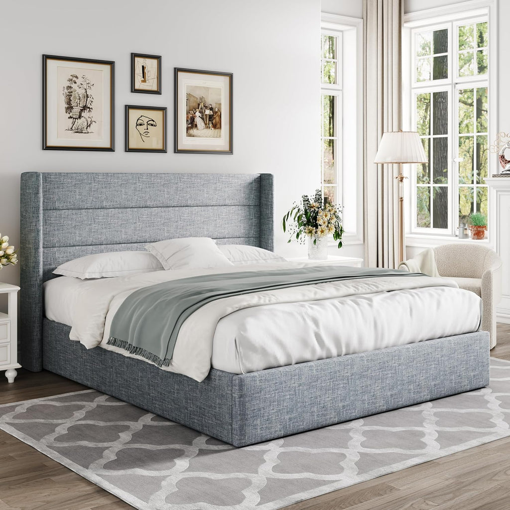 Allewie Queen Size Lift Up Storage Bed Modern Wingback Headboard Hydraulic Support