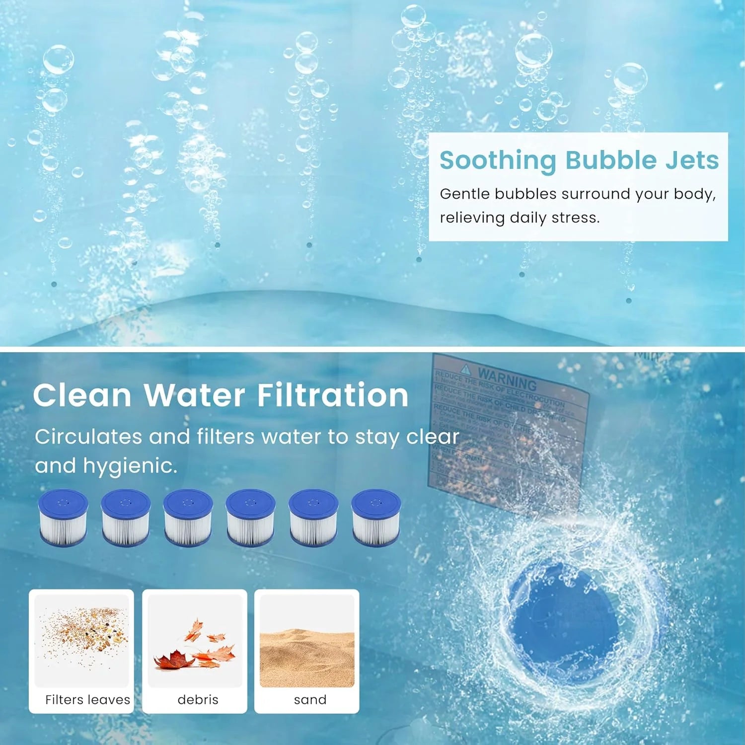 4-6 Person Inflatable Hot Tub, Portable Outdoor Spa with 130 Air Jets, Circulation Heating
