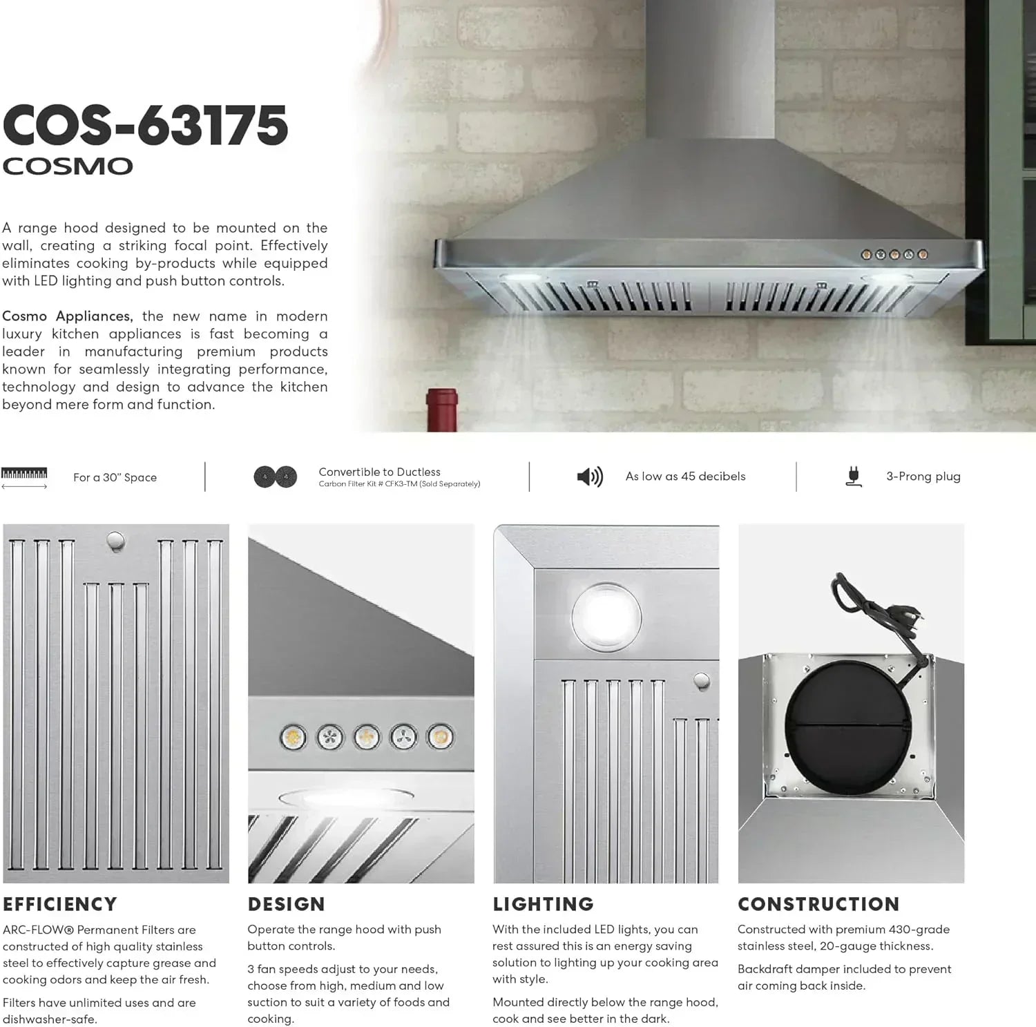 COSMO 30 Vista Series 380 CFM Ducted Wall-Mount Range Hood