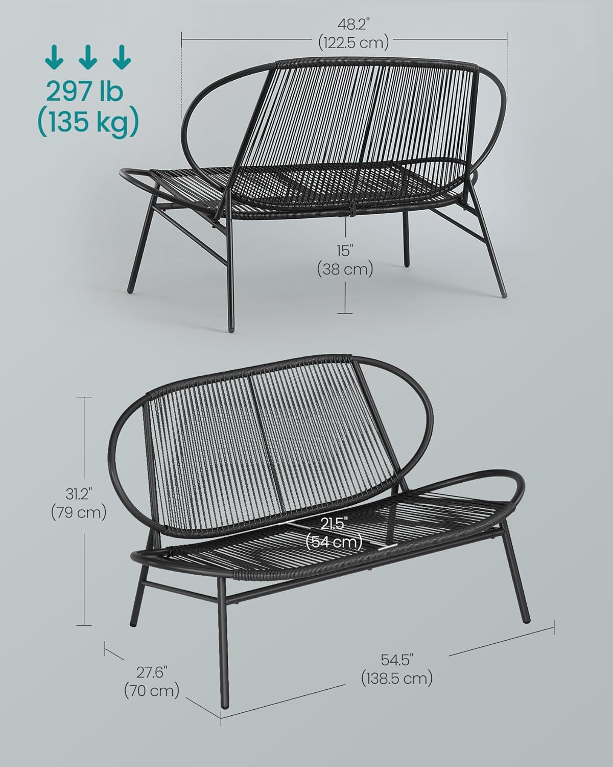 Outdoor Settee 2-Seat Garden Furniture with Backrest PE Rattan