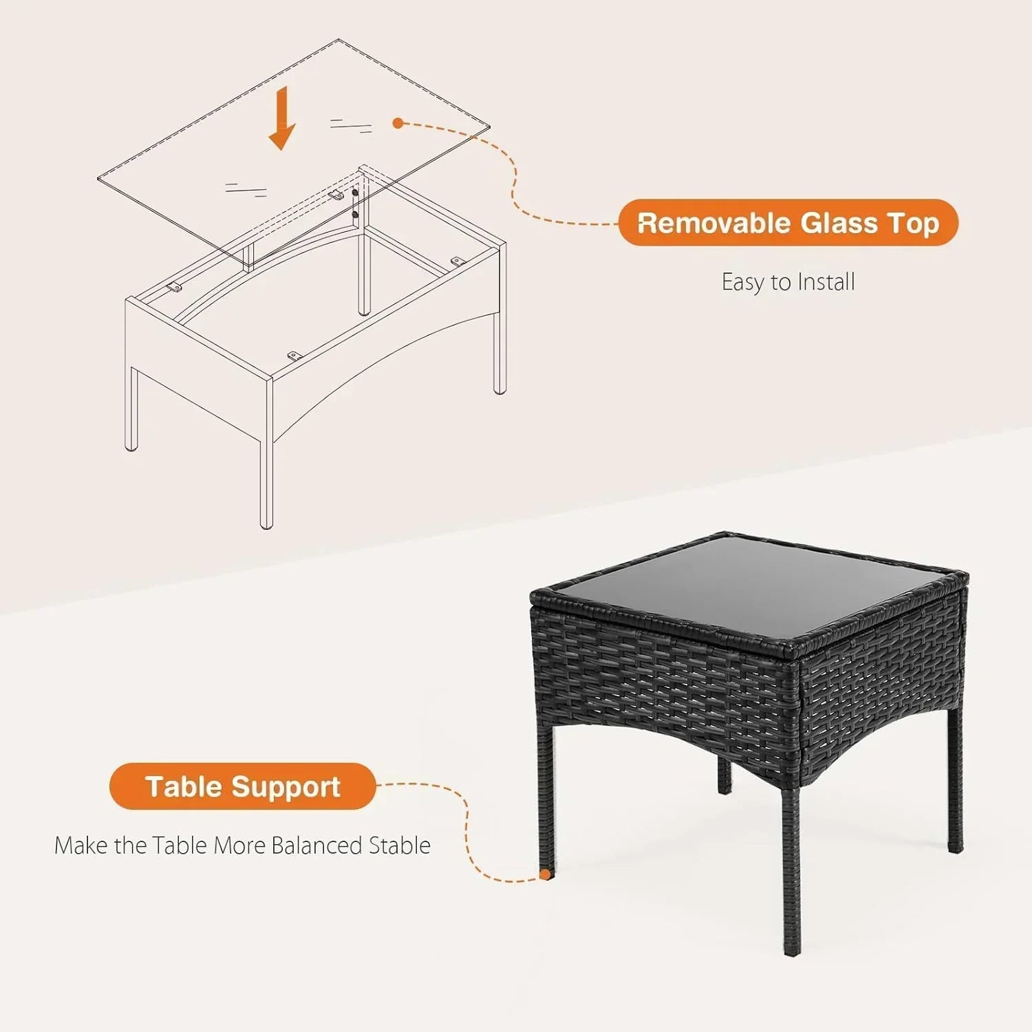 Sweetcripy Patio Furniture Set 3 Pieces Outdoor Furniture with Soft Cushion and Glass Table