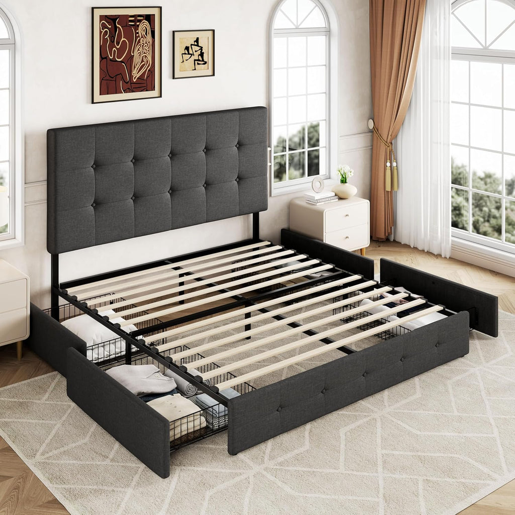 Allewie Upholstered Queen Size Platform Bed Frame with 4 Storage Drawers and Headboard