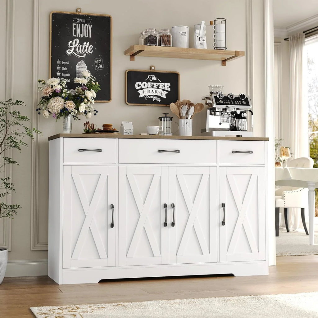 HOSTACK Buffet Cabinet with Drawers, 55 Large Sideboard Buffet Storage Cabinet with Shelves and Doors, Modern Farmhouse Coffee Bar Station Wood Kitchen Table for Kitchen, Dining Room, White/Rustic