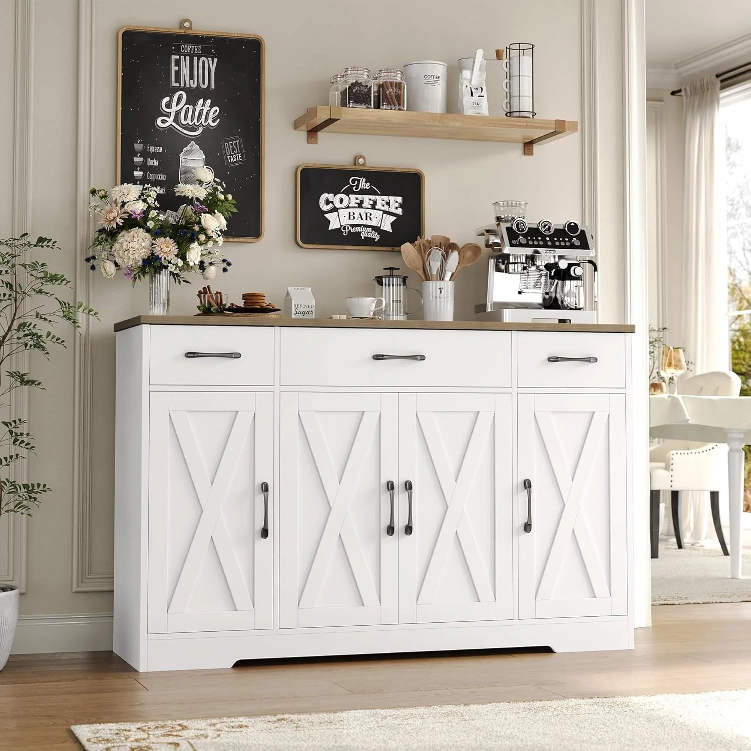 HOSTACK Buffet Cabinet with Drawers, 55 Large Sideboard Buffet Storage Cabinet with Shelves and Doors, Modern Farmhouse Coffee Bar Station Wood Kitchen Table for Kitchen, Dining Room, White/Rustic